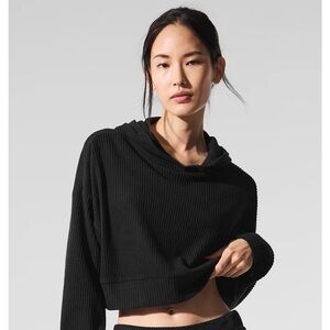 ALO Muse Black Ribbed Women's Cropped Hoodie XS